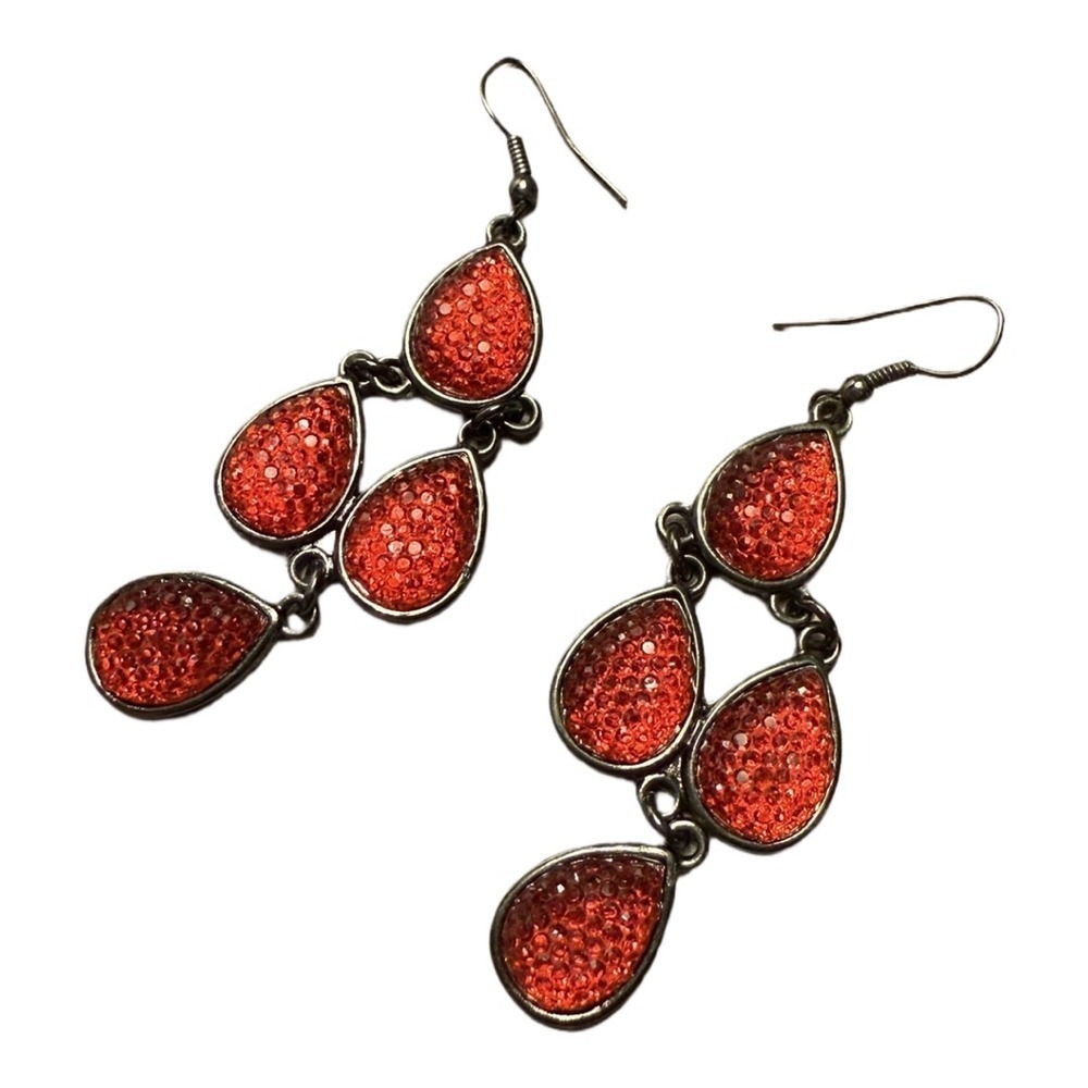 Red Crystal Three Tier Dangle Drop Earrings Teardrop Holiday Party Formal